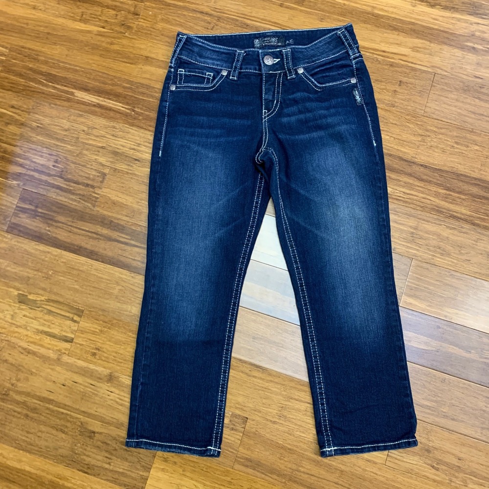 Silver Jeans Suki Mid Capri Jeans Womens Size 28 Dark Wash Embroidered Pockets‎